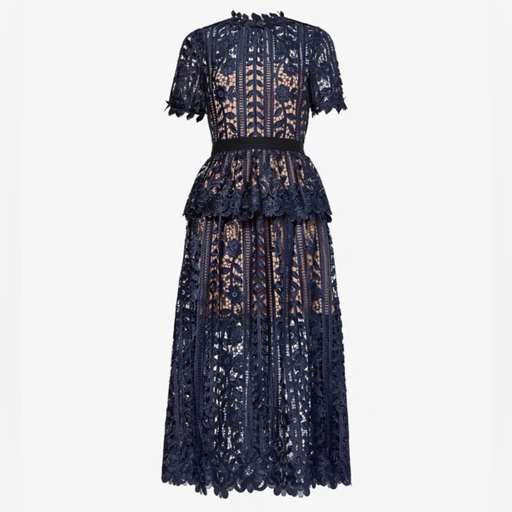 SELF-PORTRAIT Short Sleeve Navy Lace Midi Dress